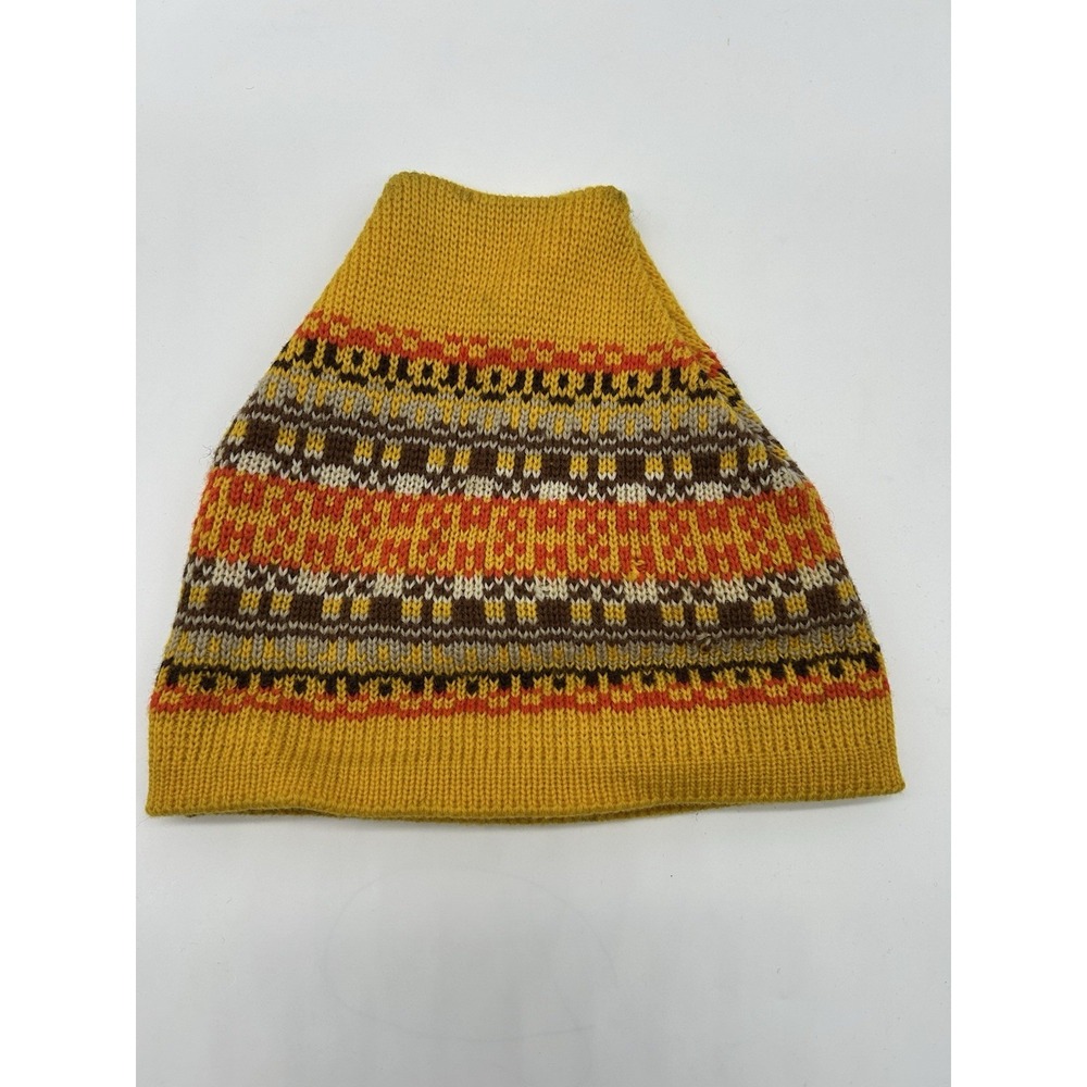 Vintage Wigwam Fair Isle 100 % Wool Knit Beanie Hat Mustard Yellow Boho 70s Ski